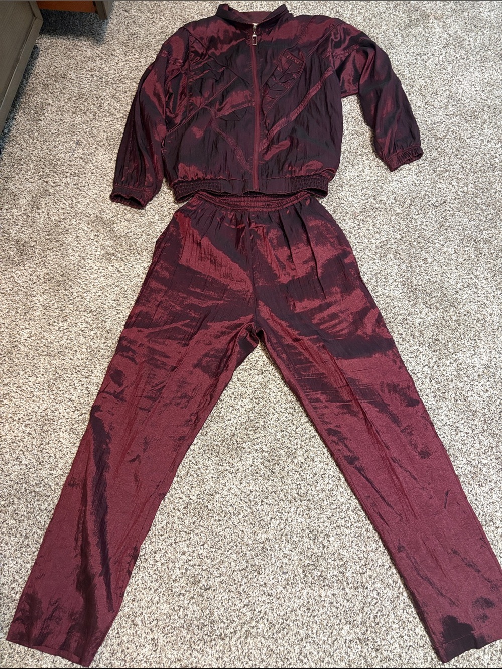 Vtg 80s Great Cavalier Tracksuit Maroon Iridescent Crinkle Nylon Windbreaker Set